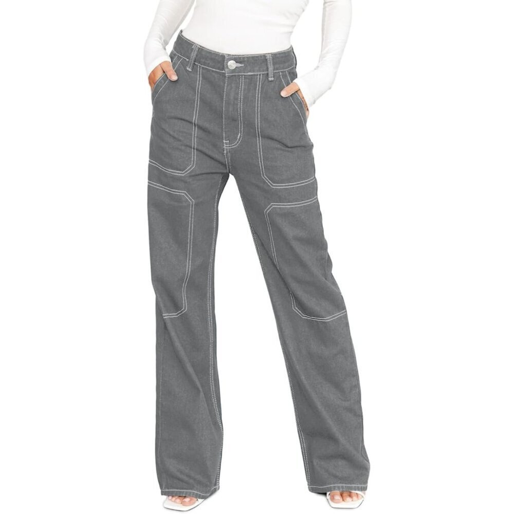 Women's Gray Casual Mid Waist Stretch Button Wide Leg Denim Cargo Pants